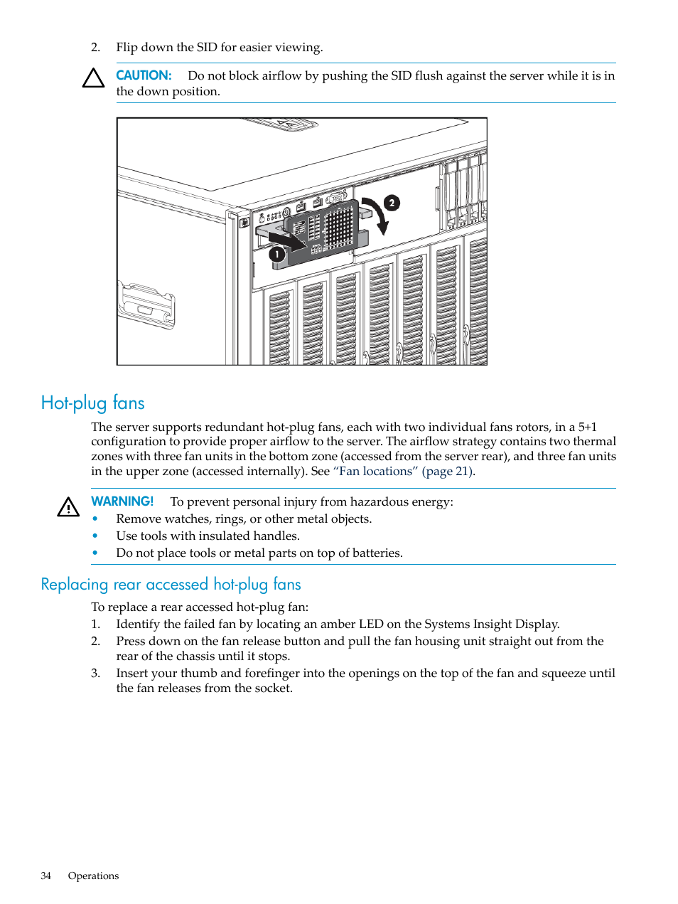 Hot-plug fans, Replacing rear accessed hot-plug fans | HP ProLiant DL785 G6 Server User Manual | Page 34 / 110