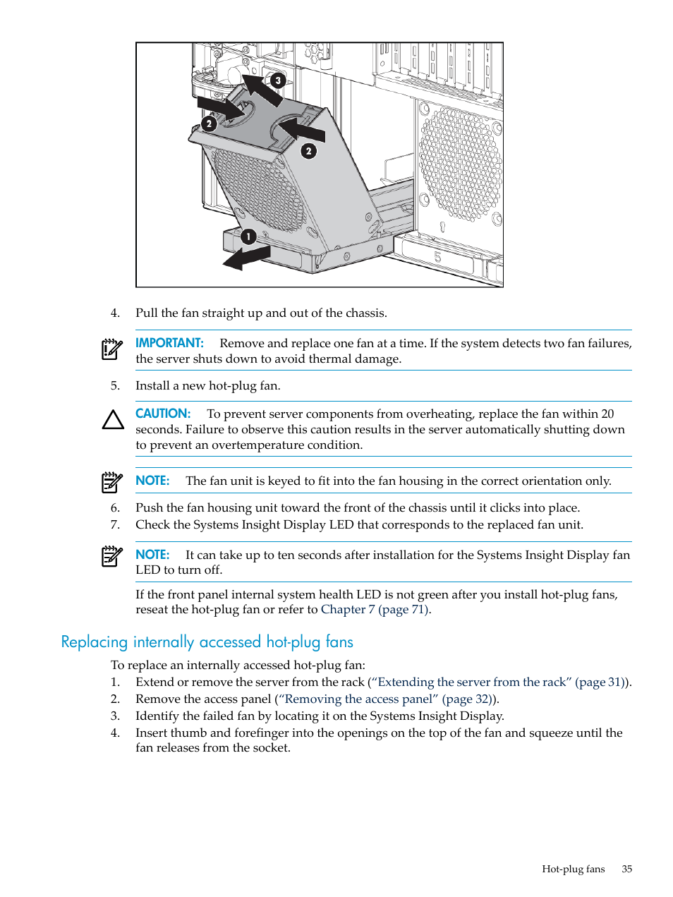 Replacing internally accessed hot-plug fans | HP ProLiant DL785 G6 Server User Manual | Page 35 / 110