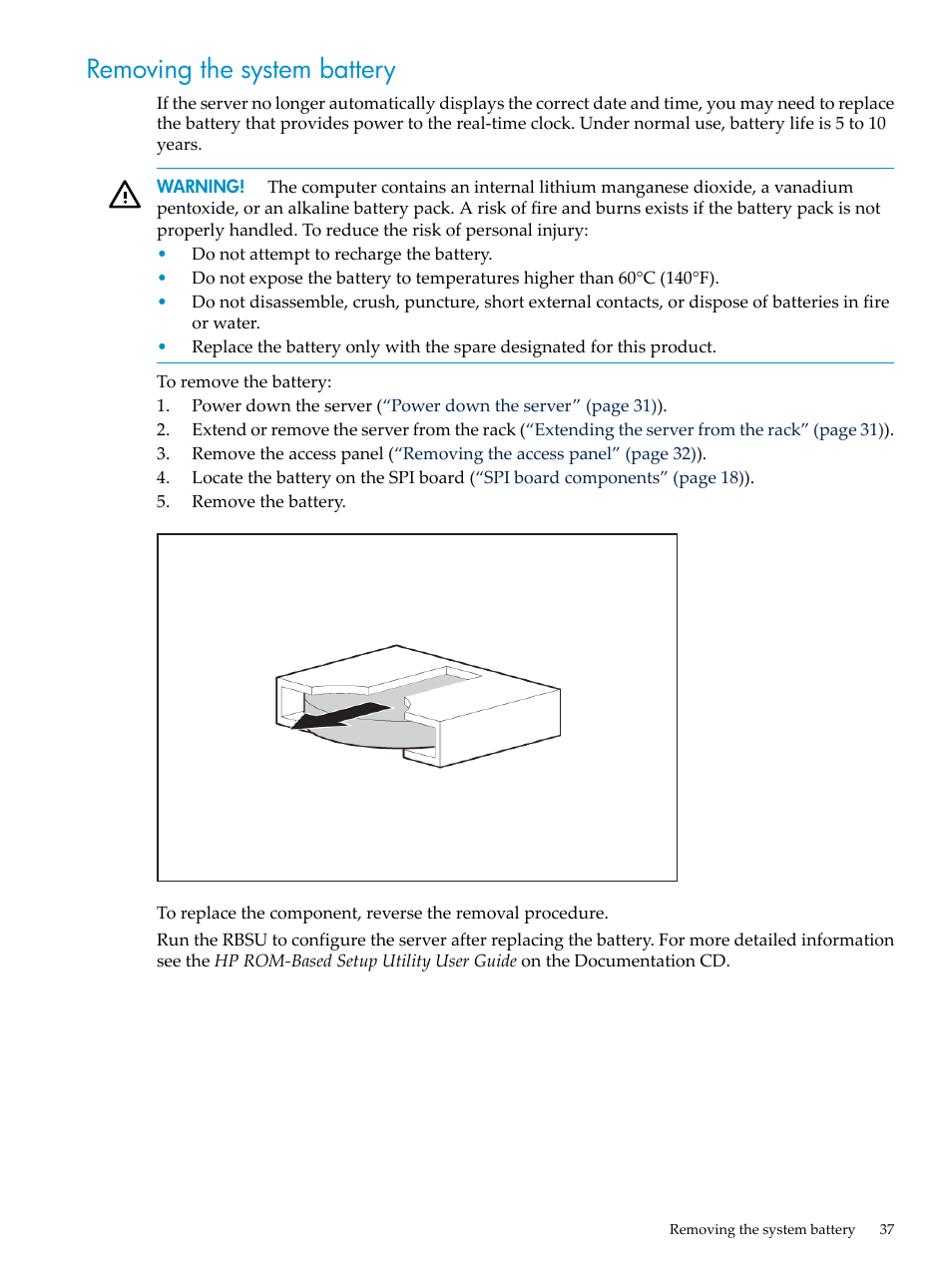 Removing the system battery | HP ProLiant DL785 G6 Server User Manual | Page 37 / 110