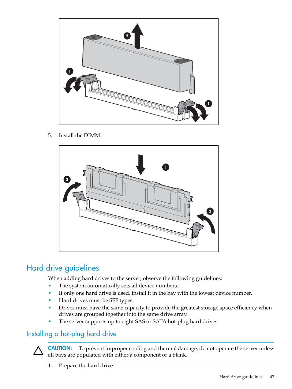 Hard drive guidelines, Installing a hot-plug hard drive | HP ProLiant DL785 G6 Server User Manual | Page 47 / 110
