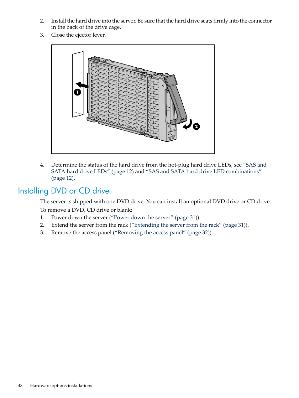 Installing dvd or cd drive | HP ProLiant DL785 G6 Server User Manual | Page 48 / 110