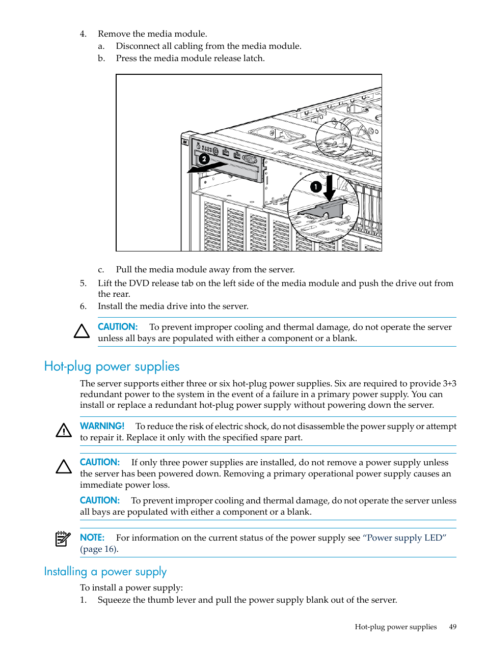 Hot-plug power supplies, Installing a power supply | HP ProLiant DL785 G6 Server User Manual | Page 49 / 110