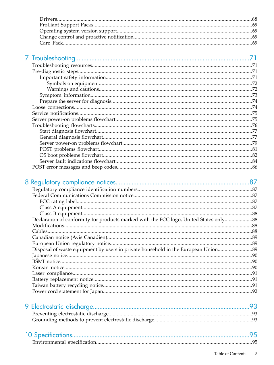 7 troubleshooting, 8 regulatory compliance notices, 9 electrostatic discharge | 10 specifications | HP ProLiant DL785 G6 Server User Manual | Page 5 / 110
