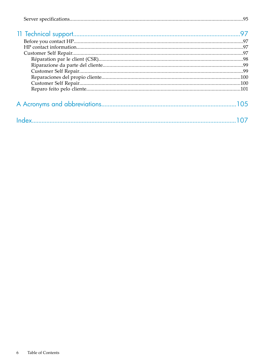 11 technical support, A acronyms and abbreviations index | HP ProLiant DL785 G6 Server User Manual | Page 6 / 110