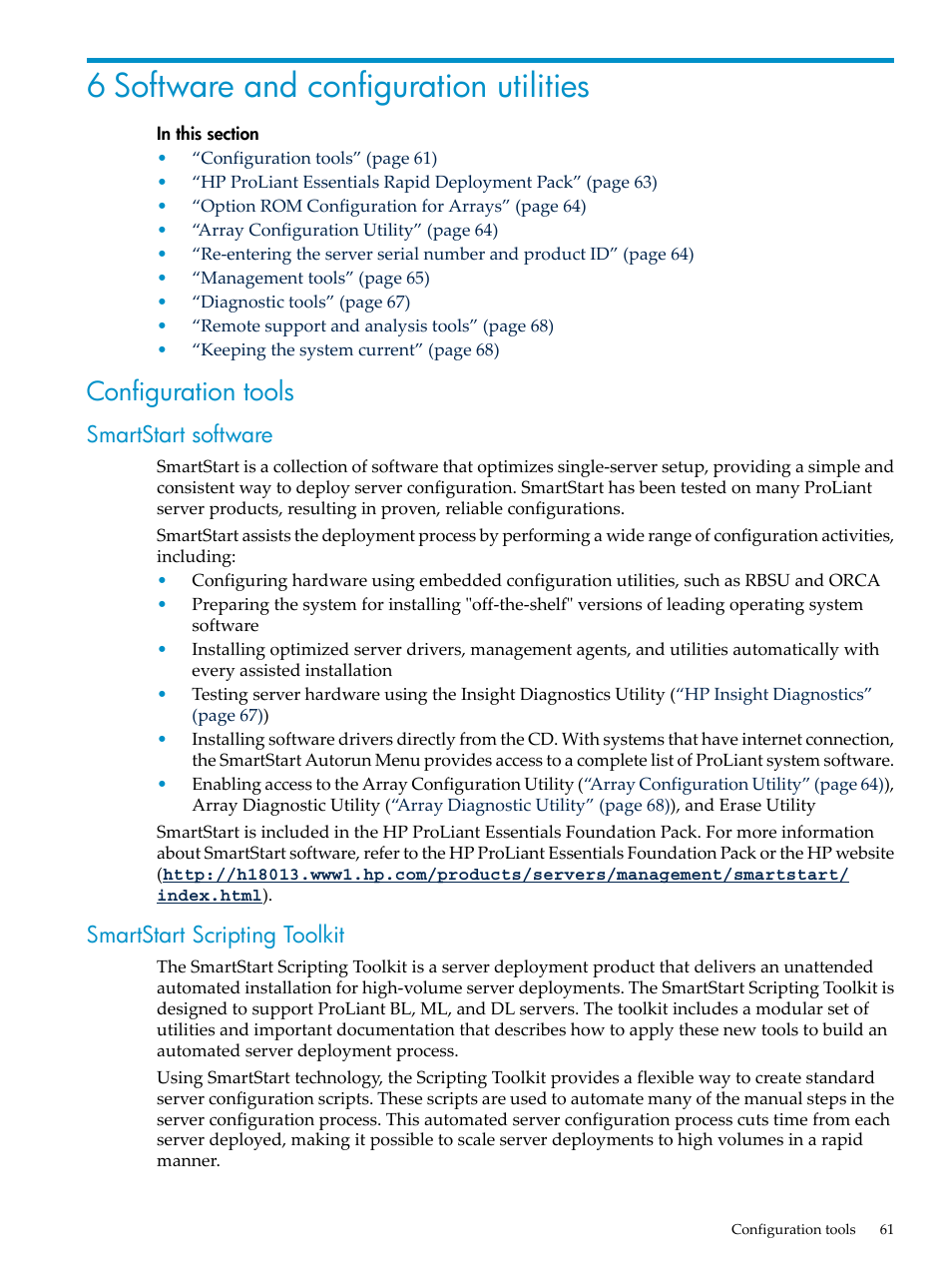 6 software and configuration utilities, Configuration tools, Smartstart software | Smartstart scripting toolkit, Smartstart software smartstart scripting toolkit | HP ProLiant DL785 G6 Server User Manual | Page 61 / 110