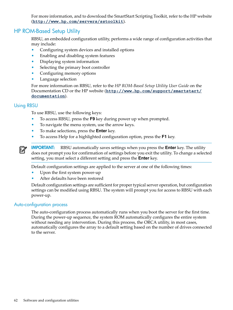 Hp rom-based setup utility, Using rbsu, Auto-configuration process | Using rbsu auto-configuration process | HP ProLiant DL785 G6 Server User Manual | Page 62 / 110