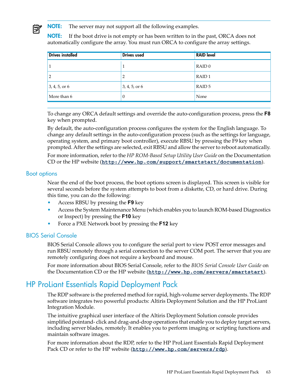 Boot options, Bios serial console, Hp proliant essentials rapid deployment pack | Boot options bios serial console | HP ProLiant DL785 G6 Server User Manual | Page 63 / 110