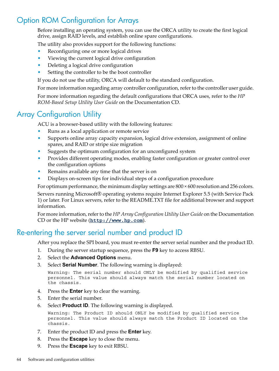 Option rom configuration for arrays, Array configuration utility | HP ProLiant DL785 G6 Server User Manual | Page 64 / 110