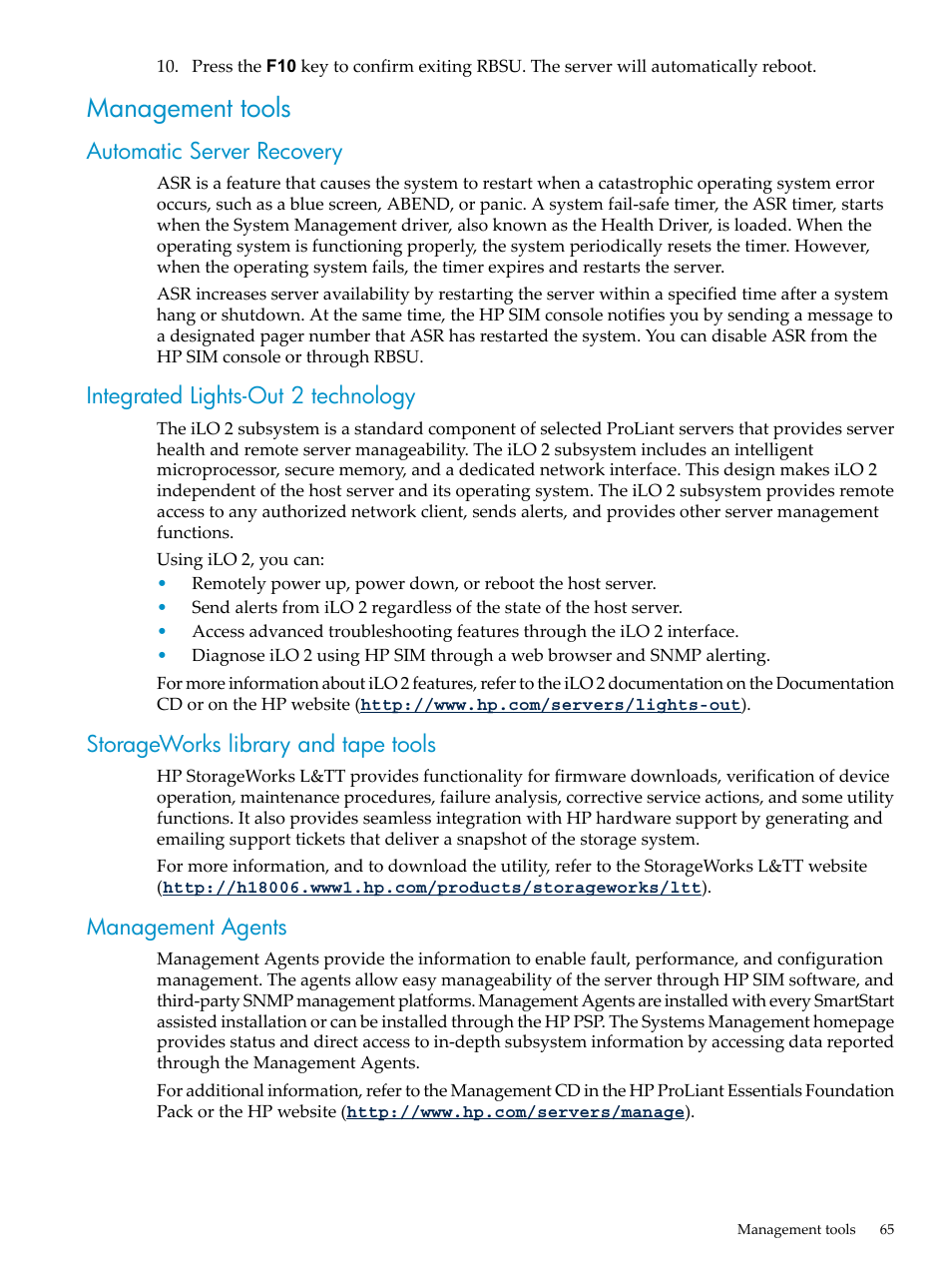 Management tools, Automatic server recovery, Integrated lights-out 2 technology | Storageworks library and tape tools, Management agents | HP ProLiant DL785 G6 Server User Manual | Page 65 / 110