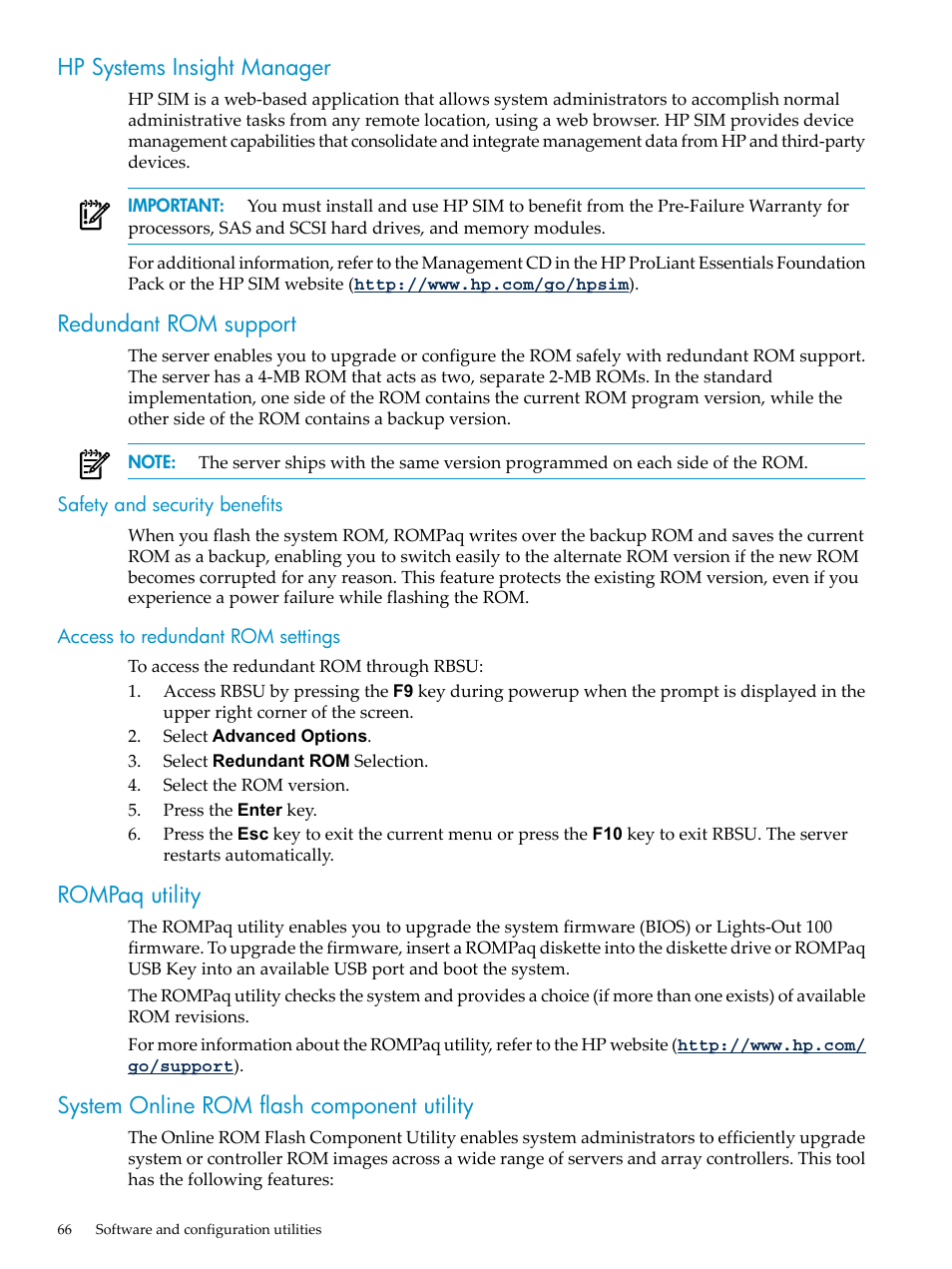 Hp systems insight manager, Redundant rom support, Safety and security benefits | Access to redundant rom settings, Rompaq utility, System online rom flash component utility, Hp systems insight manager redundant rom support | HP ProLiant DL785 G6 Server User Manual | Page 66 / 110