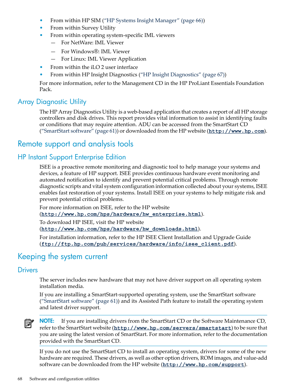 Array diagnostic utility, Remote support and analysis tools, Hp instant support enterprise edition | Keeping the system current, Drivers | HP ProLiant DL785 G6 Server User Manual | Page 68 / 110