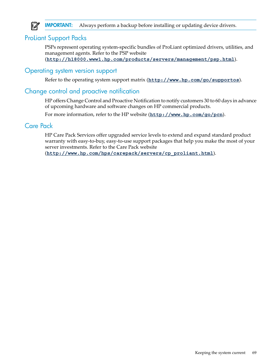 Proliant support packs, Operating system version support, Change control and proactive notification | Care pack | HP ProLiant DL785 G6 Server User Manual | Page 69 / 110