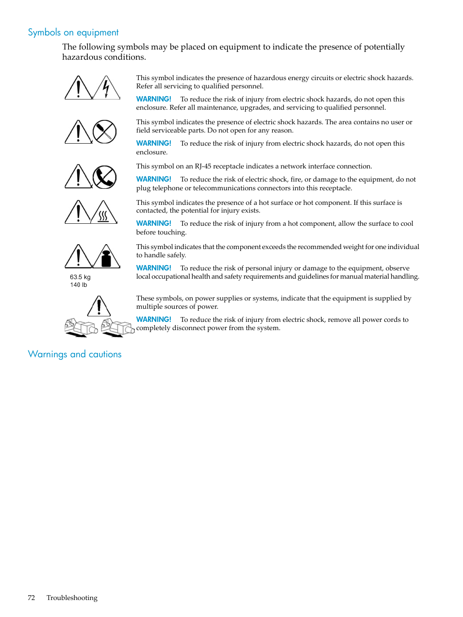 Symbols on equipment, Warnings and cautions, Symbols on equipment warnings and cautions | HP ProLiant DL785 G6 Server User Manual | Page 72 / 110