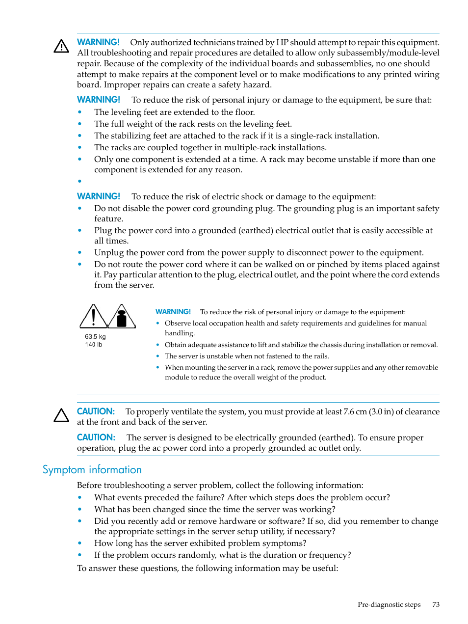 Symptom information | HP ProLiant DL785 G6 Server User Manual | Page 73 / 110