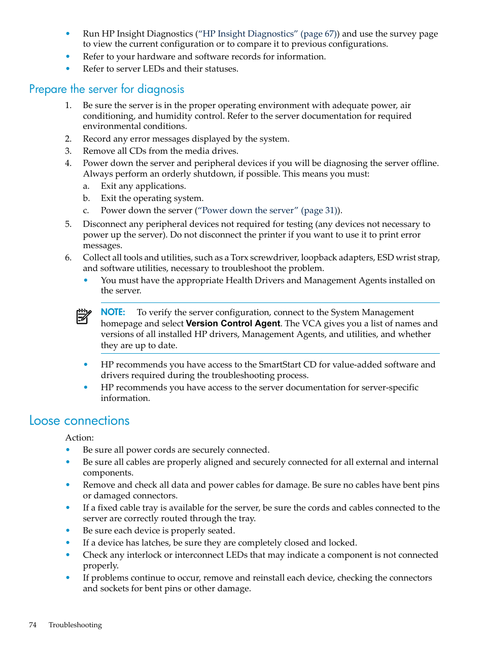 Prepare the server for diagnosis, Loose connections | HP ProLiant DL785 G6 Server User Manual | Page 74 / 110