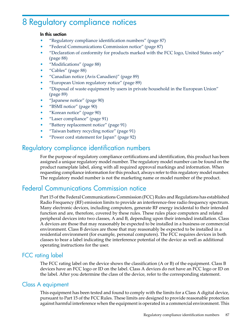 8 regulatory compliance notices, Regulatory compliance identification numbers, Federal communications commission notice | Fcc rating label, Class a equipment, Fcc rating label class a equipment | HP ProLiant DL785 G6 Server User Manual | Page 87 / 110