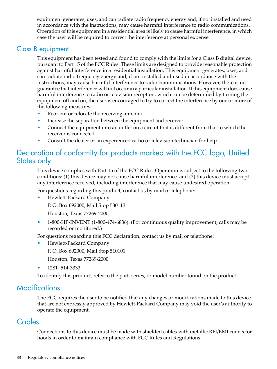 Class b equipment, Modifications, Cables | HP ProLiant DL785 G6 Server User Manual | Page 88 / 110