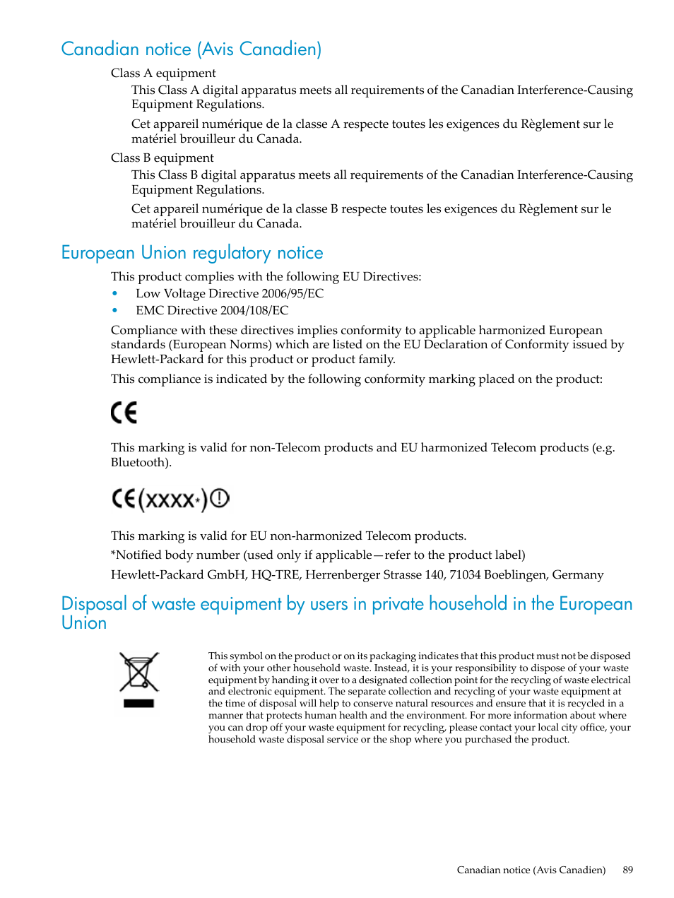Canadian notice (avis canadien), European union regulatory notice | HP ProLiant DL785 G6 Server User Manual | Page 89 / 110