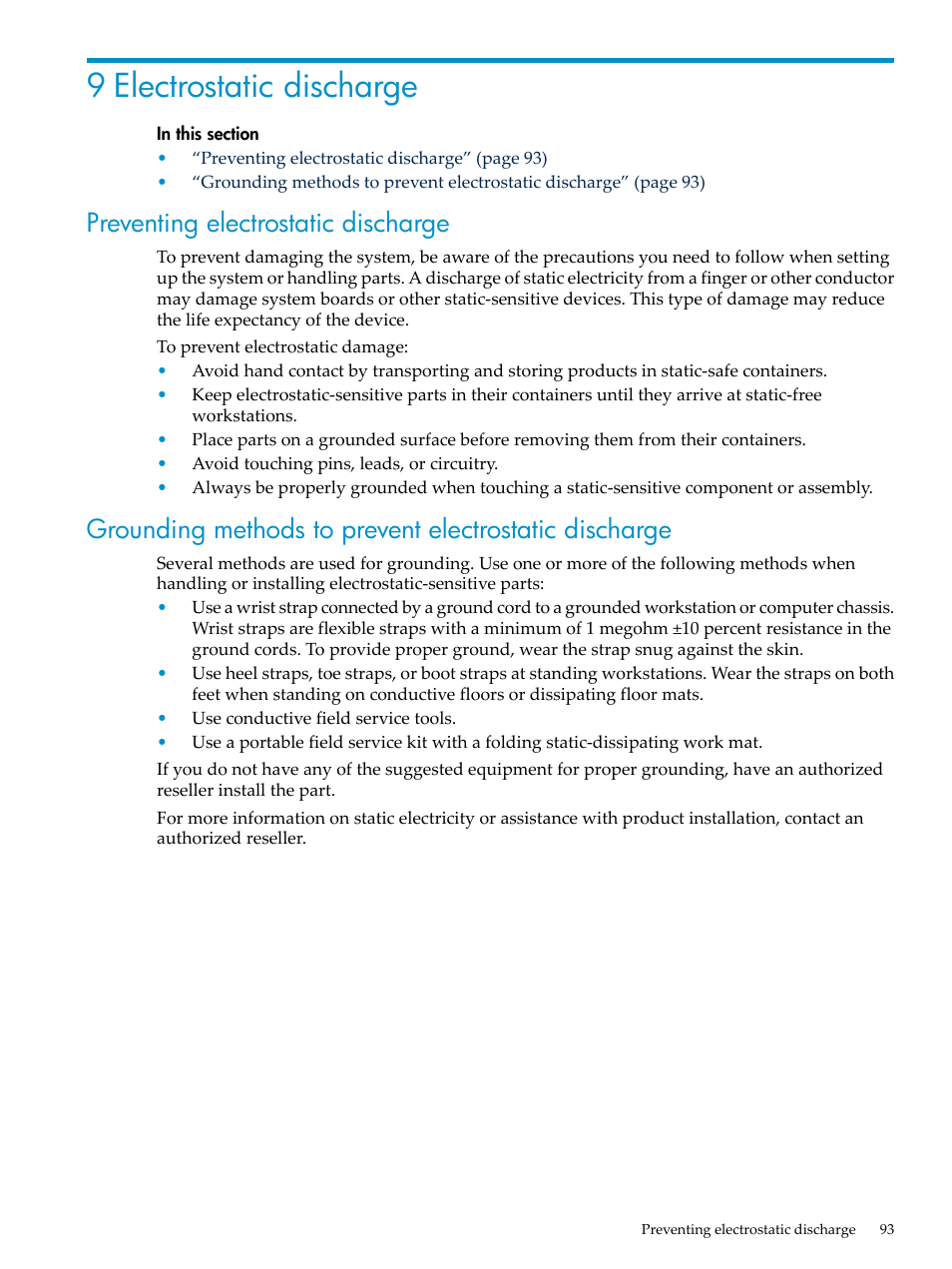 9 electrostatic discharge, Preventing electrostatic discharge | HP ProLiant DL785 G6 Server User Manual | Page 93 / 110
