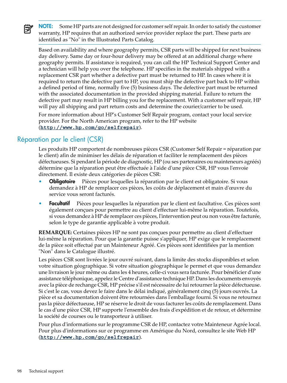 Réparation par le client (csr) | HP ProLiant DL785 G6 Server User Manual | Page 98 / 110