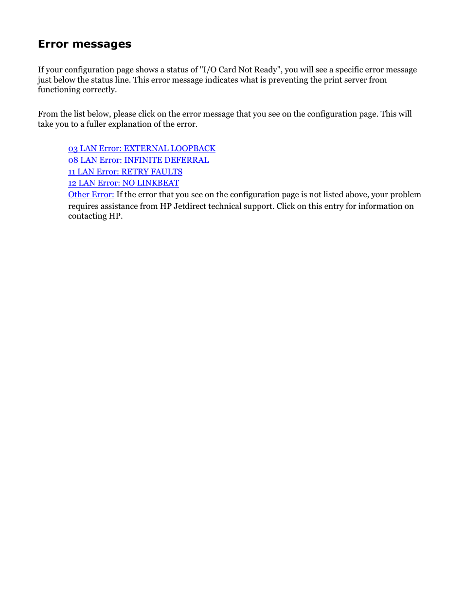 Hp jetdirect troubleshooting, Error messages, 03 lan error: external loopback | 08 lan error: infinite deferral, 11 lan error: retry faults, 12 lan error: no linkbeat | HP Jetdirect 250m Print Server series User Manual | Page 102 / 181