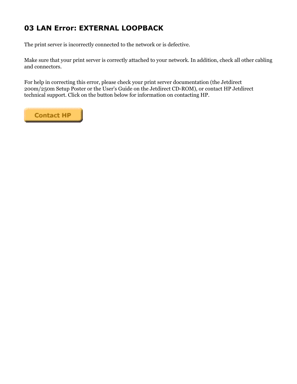 Hp jetdirect troubleshooting, 03 lan error: external loopback | HP Jetdirect 250m Print Server series User Manual | Page 103 / 181