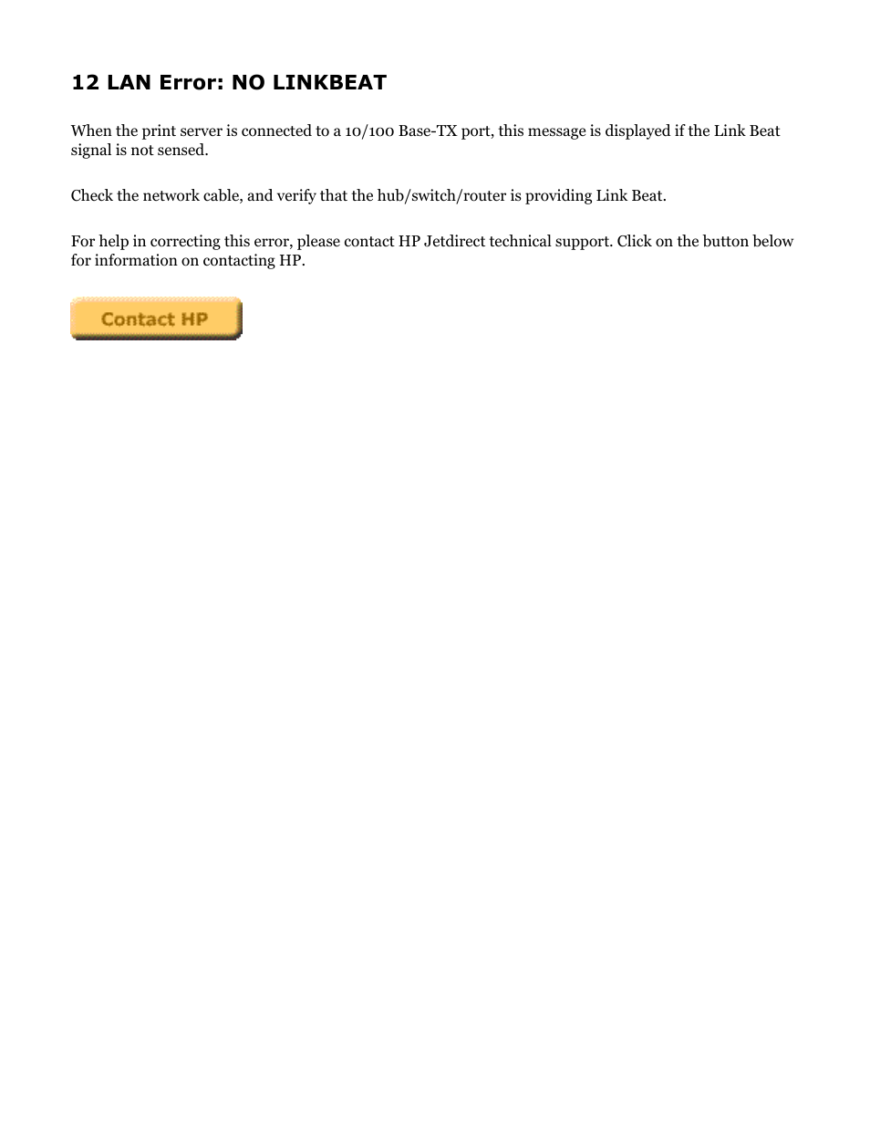 Hp jetdirect troubleshooting, 12 lan error: no linkbeat | HP Jetdirect 250m Print Server series User Manual | Page 106 / 181