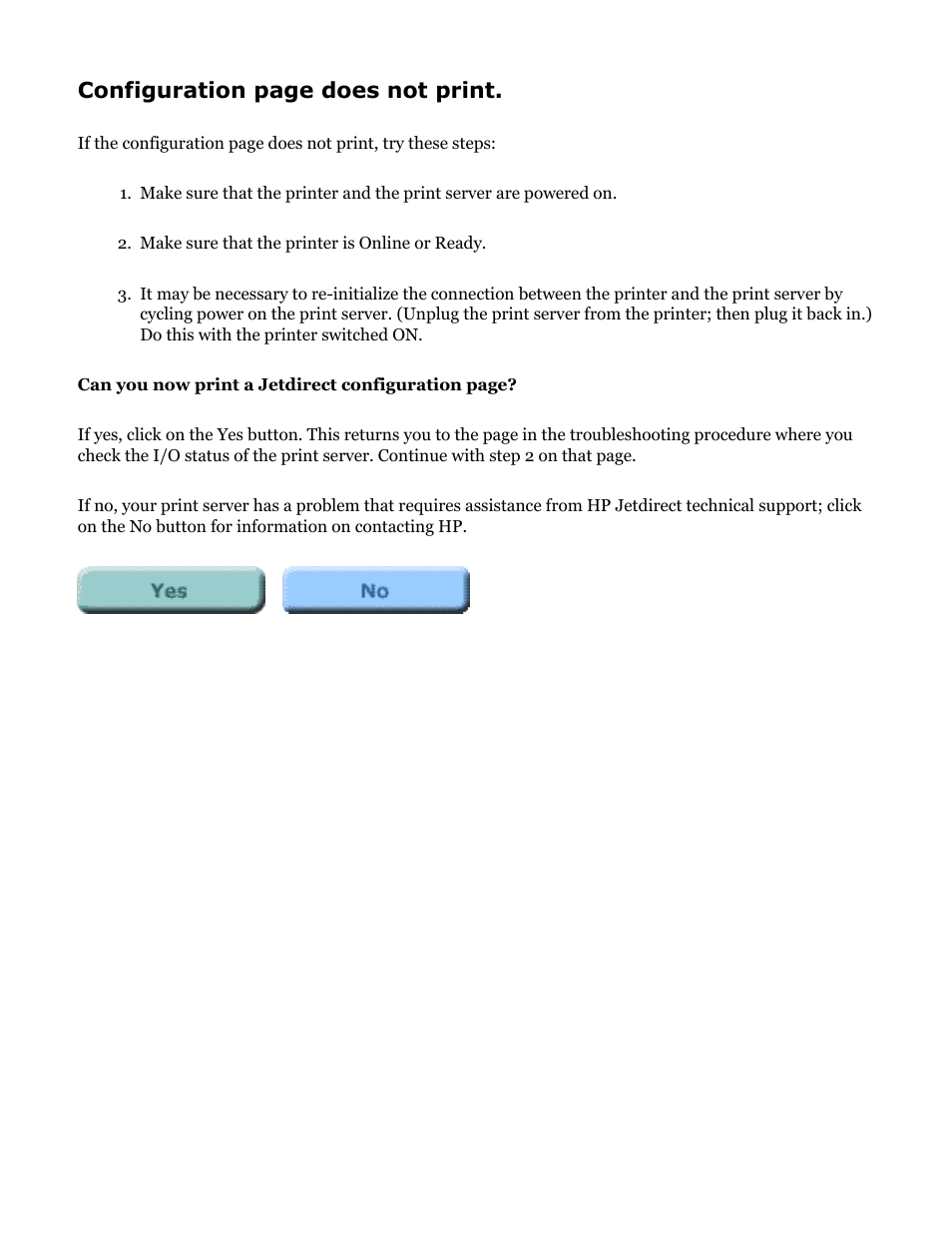 Hp jetdirect troubleshooting, Configuration page does not print | HP Jetdirect 250m Print Server series User Manual | Page 108 / 181