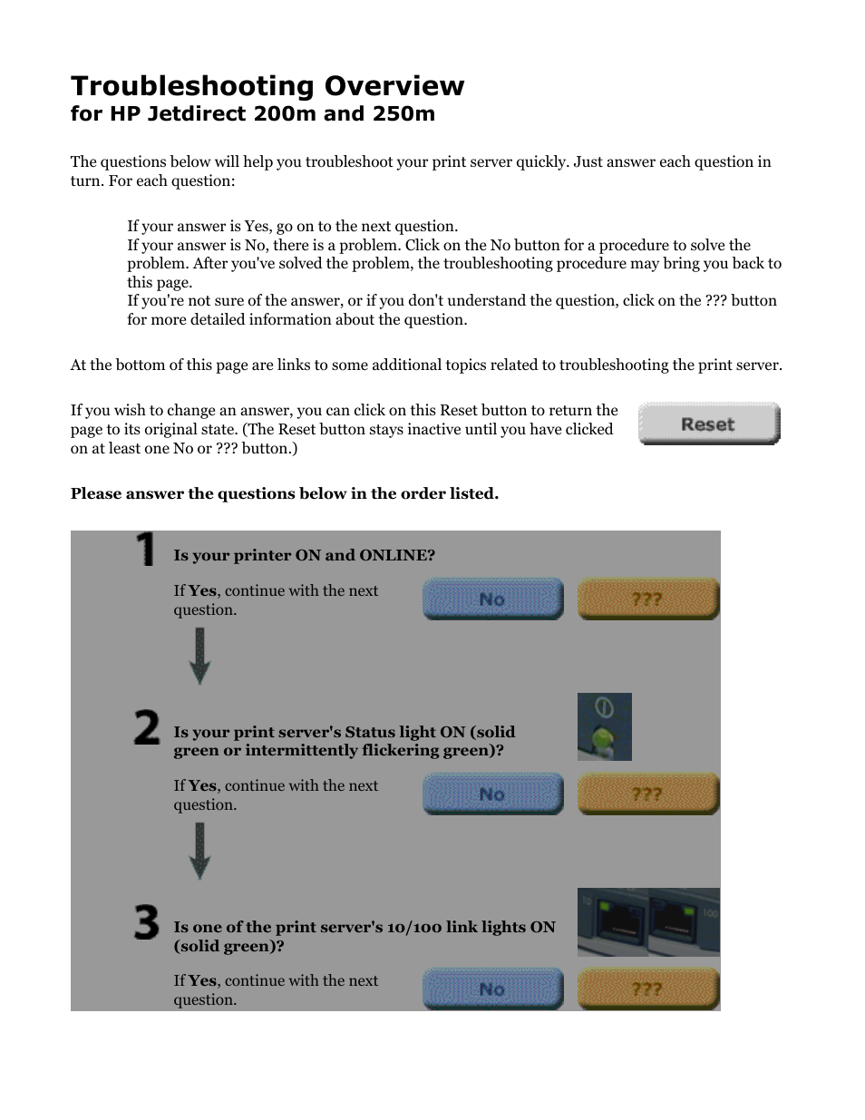 Hp jetdirect troubleshooting, Troubleshooting overview | HP Jetdirect 250m Print Server series User Manual | Page 109 / 181
