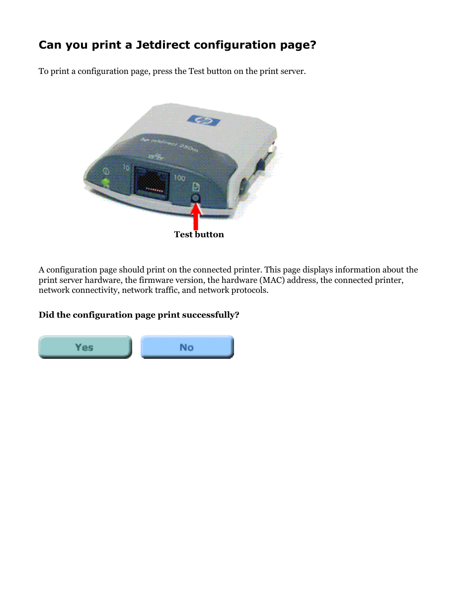 Hp jetdirect troubleshooting, Can you print a jetdirect configuration page | HP Jetdirect 250m Print Server series User Manual | Page 112 / 181
