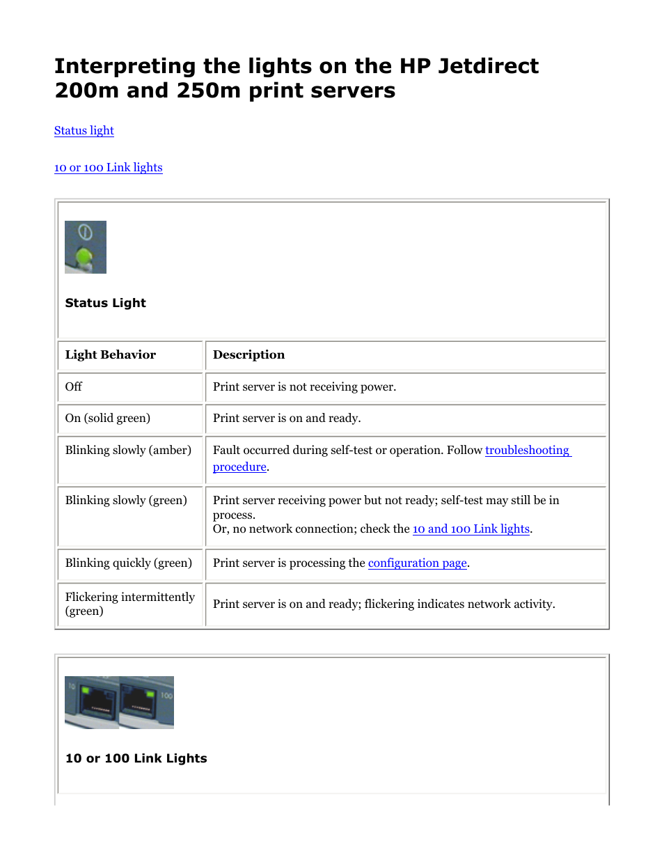 Hp jetdirect troubleshooting, Print server (see, Interpreting the lights | You push the | HP Jetdirect 250m Print Server series User Manual | Page 115 / 181