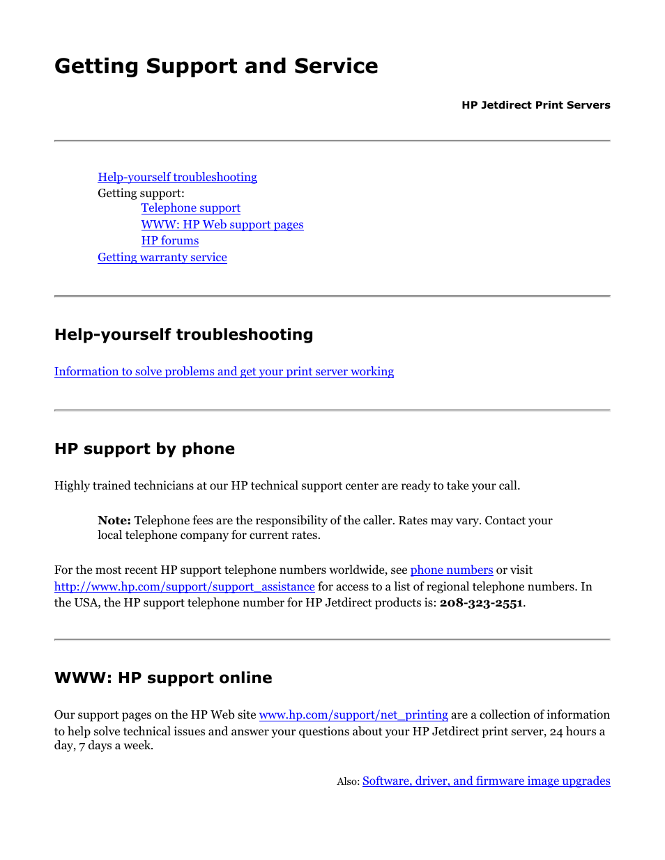 Hp jetdirect 200m & 250m user's guide, Technical support, For the print servers | Getting support and service, Help-yourself troubleshooting, Hp support by phone | HP Jetdirect 250m Print Server series User Manual | Page 123 / 181