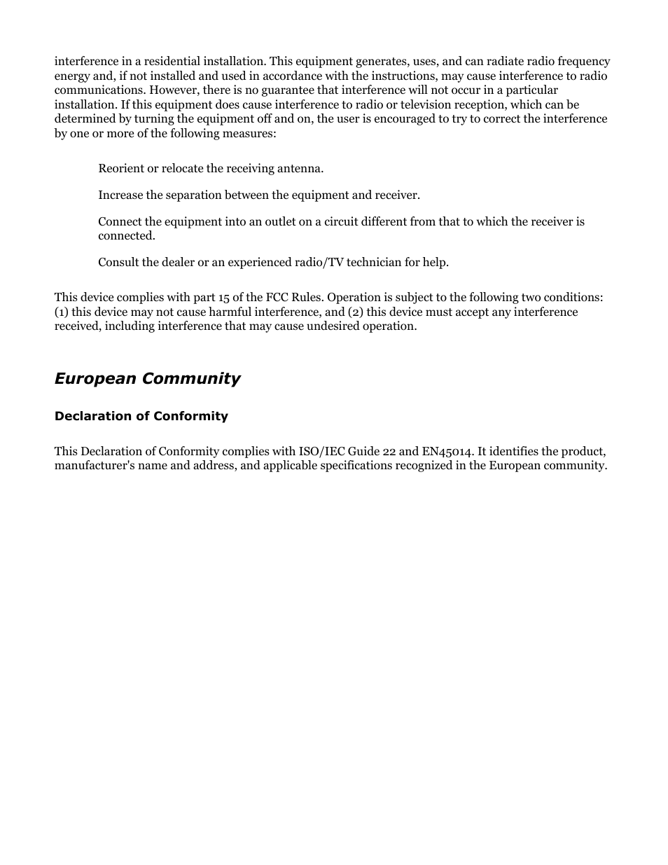 Declaration of conformity, European community, Reorient or relocate the receiving antenna | HP Jetdirect 250m Print Server series User Manual | Page 129 / 181