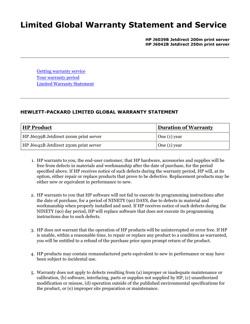 Hp jetdirect 200m & 250m user's guide, Limited warranty, Limited global warranty statement and service | HP Jetdirect 250m Print Server series User Manual | Page 133 / 181