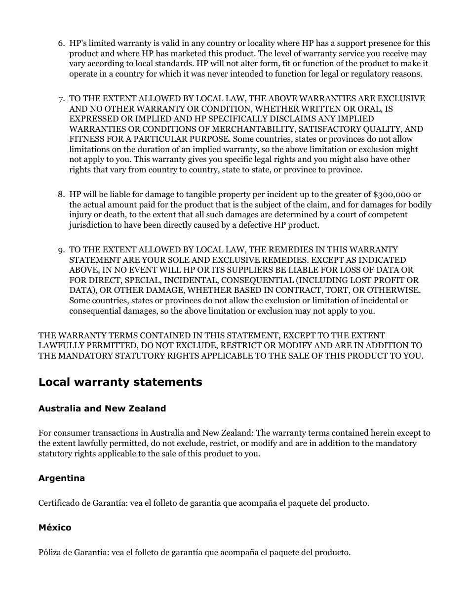 Local warranty statements | HP Jetdirect 250m Print Server series User Manual | Page 134 / 181