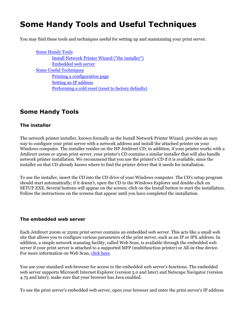 Hp jetdirect 200m and 250m user's guide, Some useful tools and techniques, Some handy tools and useful techniques | Some handy tools | HP Jetdirect 250m Print Server series User Manual | Page 136 / 181
