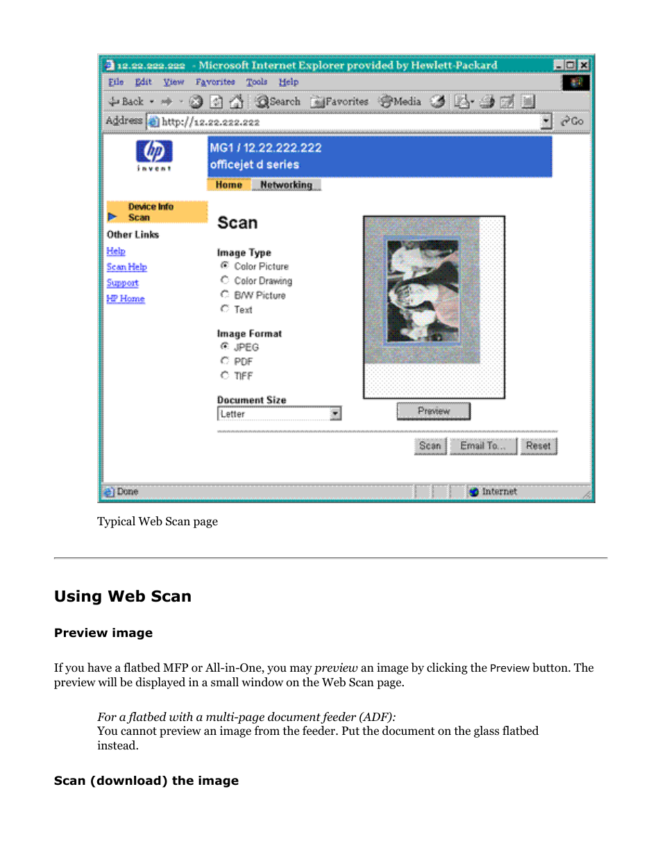 Using web scan, Preview image, Scan image | HP Jetdirect 250m Print Server series User Manual | Page 141 / 181