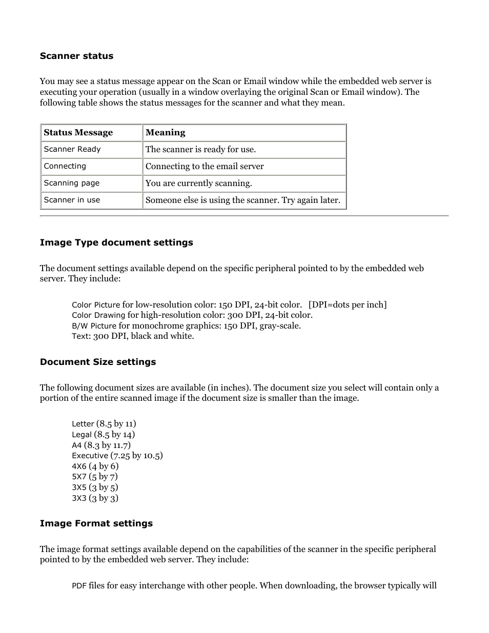 Scanner status messages, Document size settings, Image type settings | Image format settings, Buttons, Available document, Settings, Available formats, Available document sizes, The scanner is ready for use | HP Jetdirect 250m Print Server series User Manual | Page 143 / 181