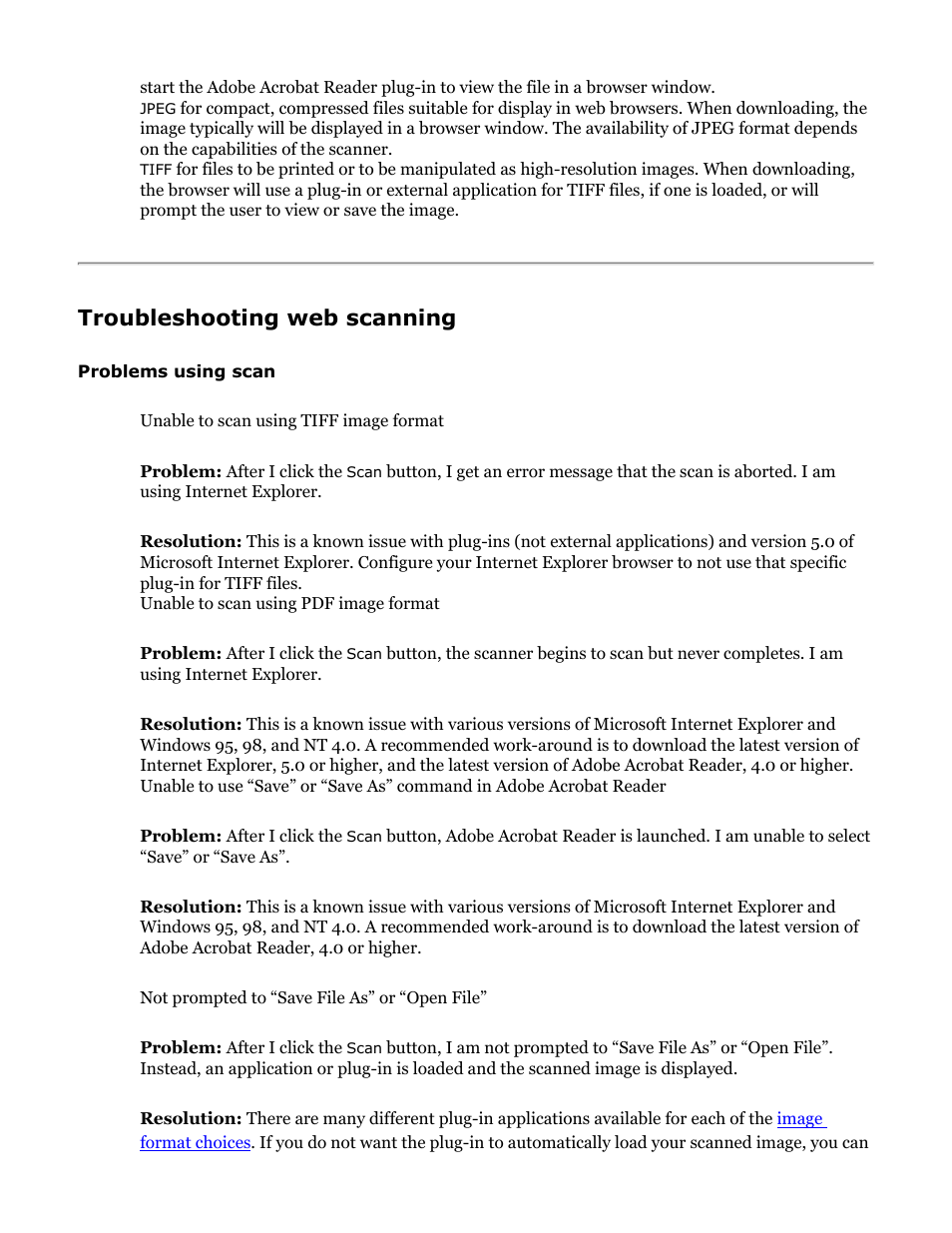 Troubleshooting web scan, Problems saving image formats, Tiff | Jpeg, Troubleshooting web scanning | HP Jetdirect 250m Print Server series User Manual | Page 144 / 181