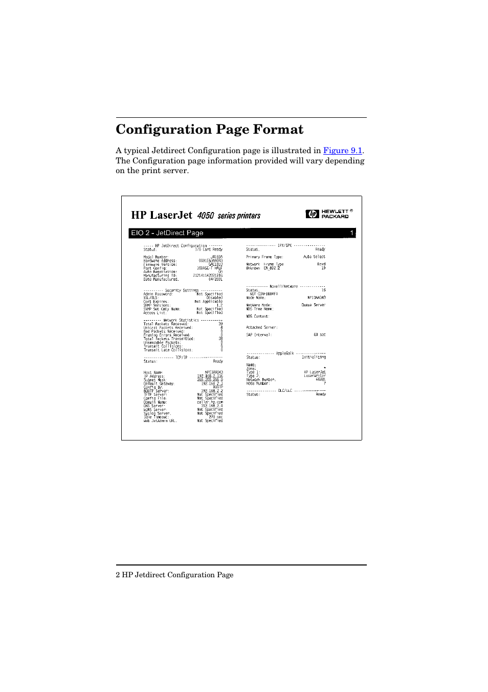 Configuration page format | HP Jetdirect 250m Print Server series User Manual | Page 149 / 181