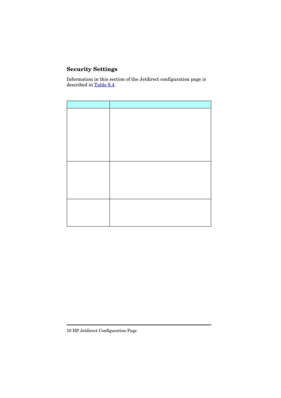 Security settings, Table 9.4 | HP Jetdirect 250m Print Server series User Manual | Page 157 / 181