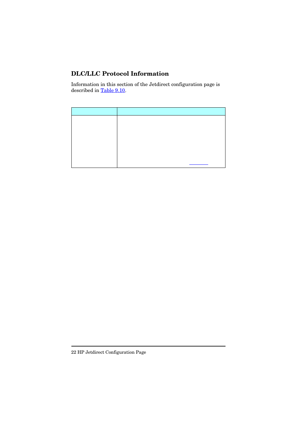 Dlc/llc protocol information, Table 9.10 | HP Jetdirect 250m Print Server series User Manual | Page 169 / 181
