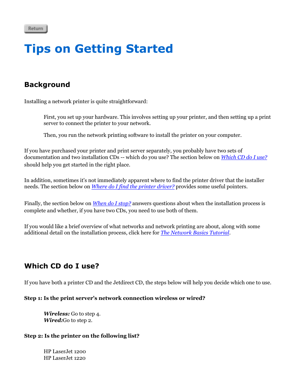 Network basics, Tips on getting started, Background | Which cd do i use | HP Jetdirect 250m Print Server series User Manual | Page 47 / 181