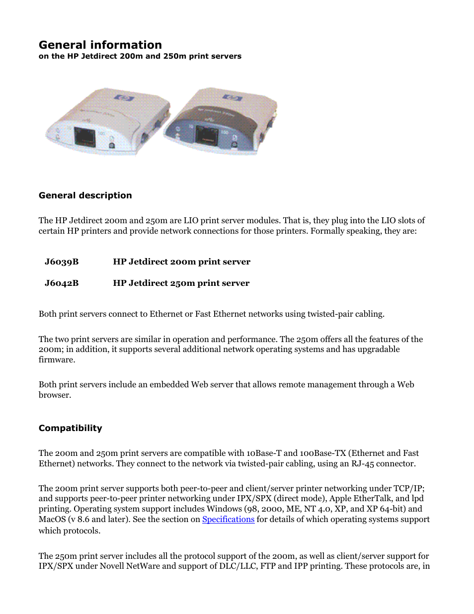 Hp jetdirect 200m & 250m user's guide, General information | HP Jetdirect 250m Print Server series User Manual | Page 50 / 181