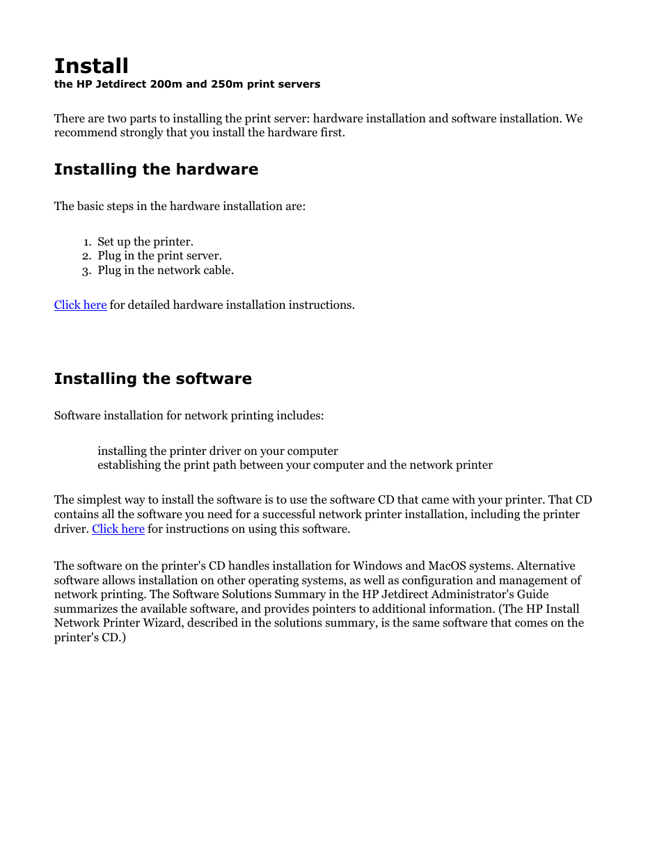 Hp jetdirect 200m and 250m user's guide, Installation, Of the print servers | Install, Installing the hardware, Installing the software | HP Jetdirect 250m Print Server series User Manual | Page 53 / 181