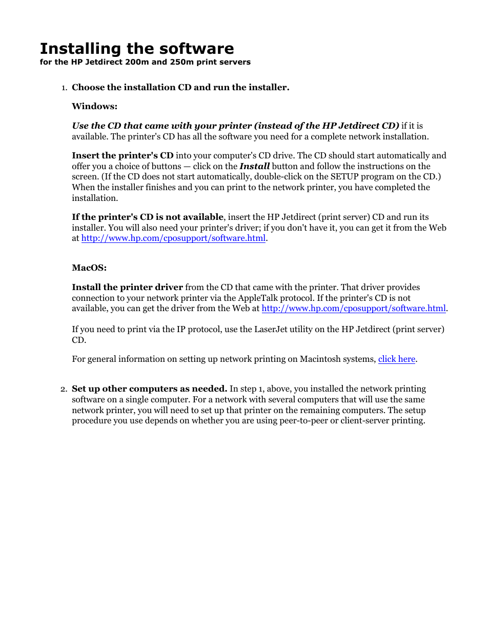 Hp jetdirect 200m & 250m user's guide, Driver, Click here | Installing the software | HP Jetdirect 250m Print Server series User Manual | Page 59 / 181