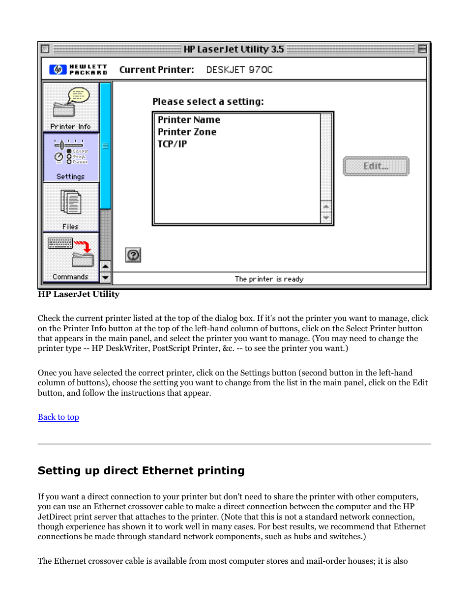 Setting up direct ethernet printing, Explains how to make the connection | HP Jetdirect 250m Print Server series User Manual | Page 67 / 181