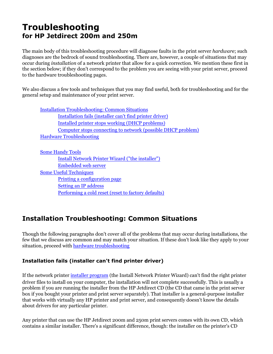Hp jetdirect troubleshooting, Troubleshooting, Click here for the troubleshooter | Amber, blinking slowly: fault -- follow the, Procedure, Installation troubleshooting: common situations, Installed printer stops working (dhcp problems), Hardware troubleshooting, Some handy tools, Install network printer wizard ("the installer") | HP Jetdirect 250m Print Server series User Manual | Page 69 / 181