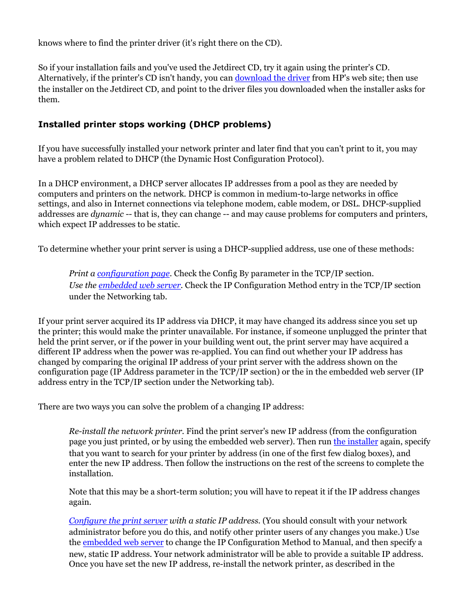 Installed printer stops working (dhcp problems) | HP Jetdirect 250m Print Server series User Manual | Page 70 / 181