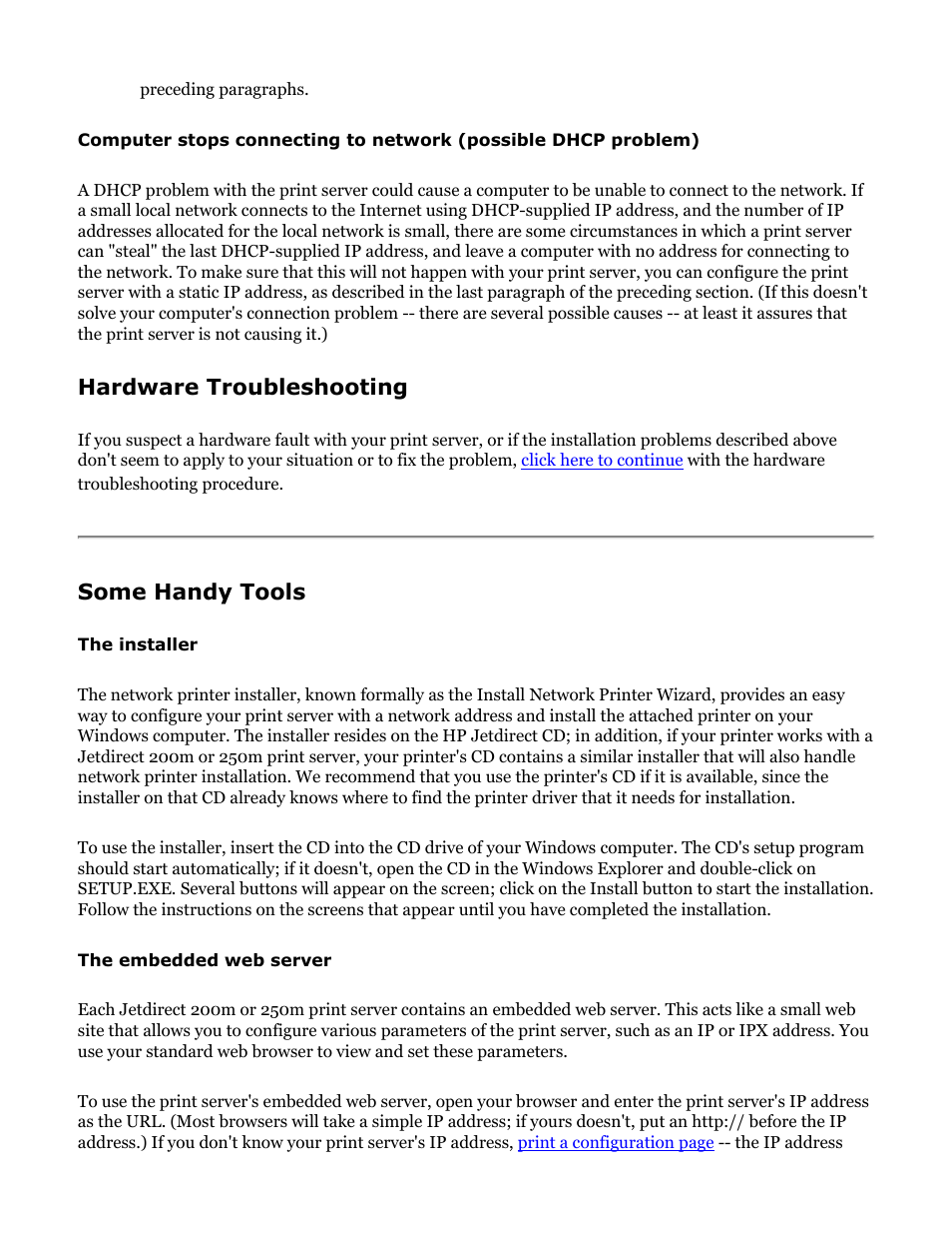 Hardware troubleshooting, Some handy tools, Install network printer wizard ("the installer") | Embedded web server, Installer program, The installer | HP Jetdirect 250m Print Server series User Manual | Page 71 / 181